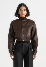 Zina - Leather Wide Shoulder Bomber Jacket - Brown