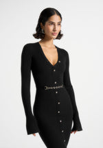 Assia - Long Sleeve Knitted Midaxi Dress With Belt - Black