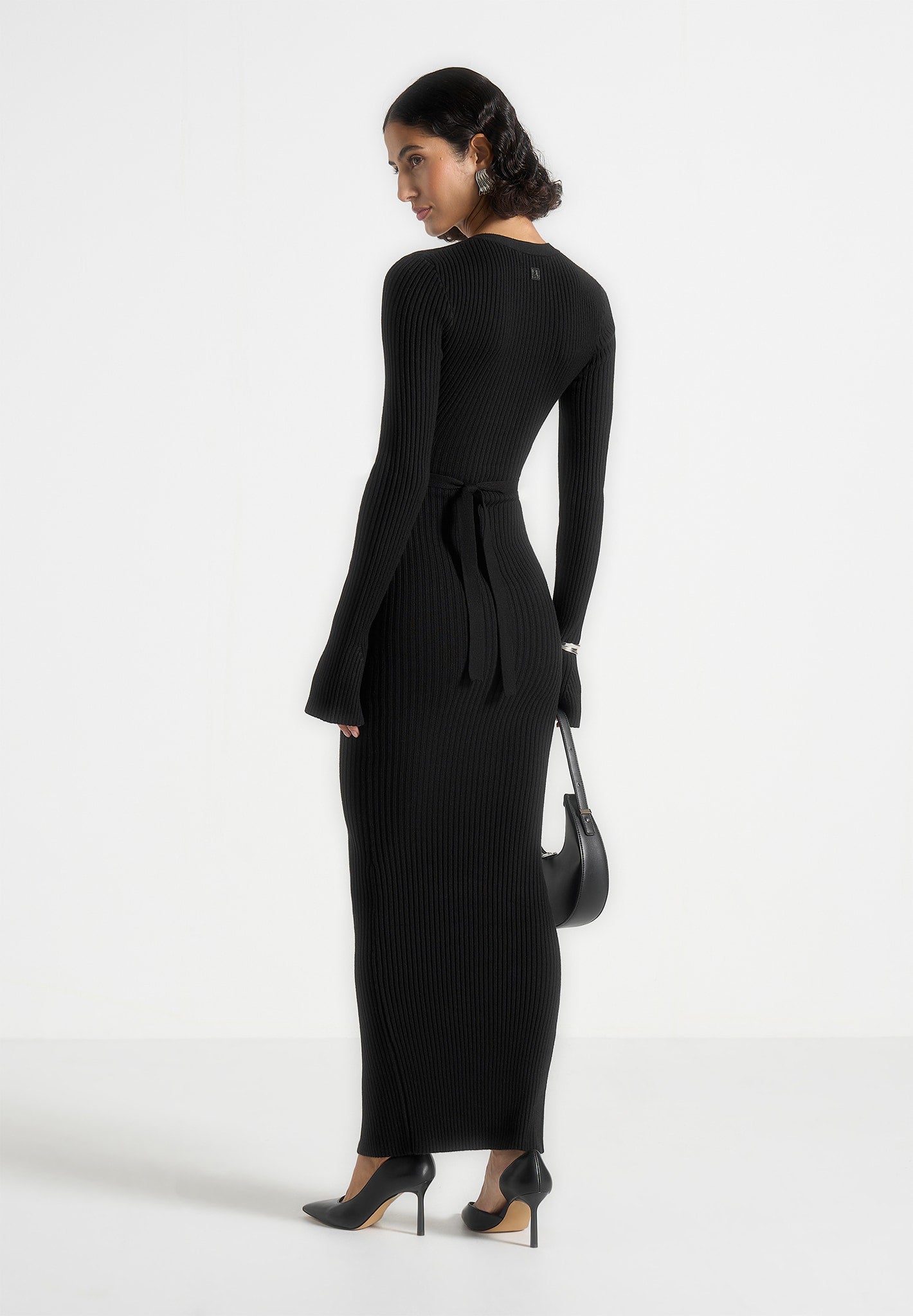 Assia - Long Sleeve Knitted Midaxi Dress With Belt - Black