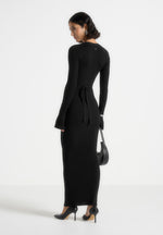 Assia - Long Sleeve Knitted Midaxi Dress With Belt - Black