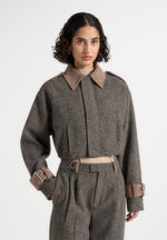 Galia - Herringbone and Suede Bungee Hem Jacket - Grey