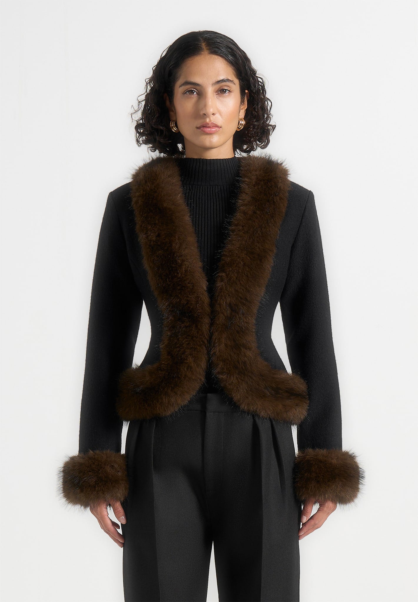 Lina - Sculpted Wool & Fur Trim Jacket - Black