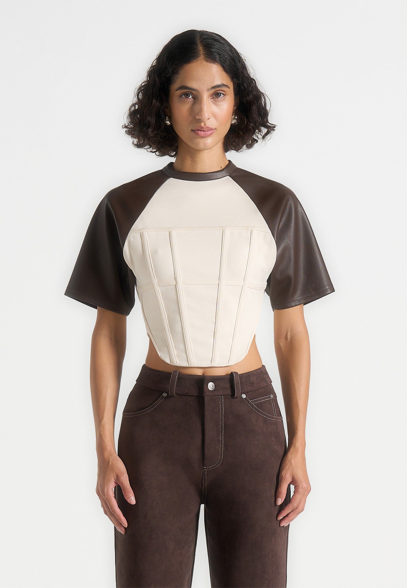 Juline - Leather Corset T-Shirt - Cream/Brown