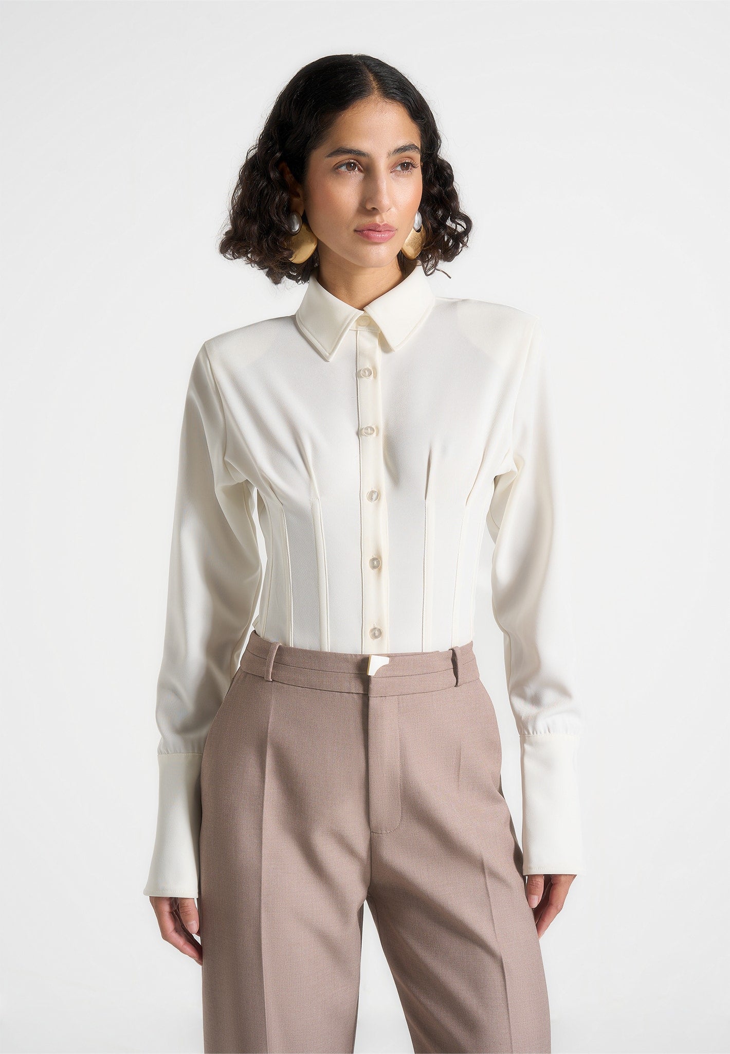 Agnes - Corset Shirt Bodysuit - Off White | Manire De Voir Agnes - Corset Shirt Bodysuit - Off White | Manire De Voir