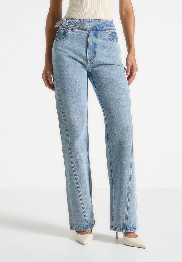 Loane - Twist Leg Boyfriend Jeans With Waist Adjuster - Mid Blue