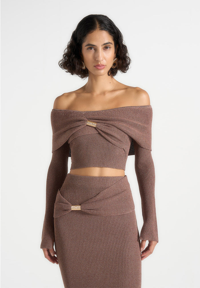 Shana - Asymmetric Bardot Top With Hardware Detail - Taupe