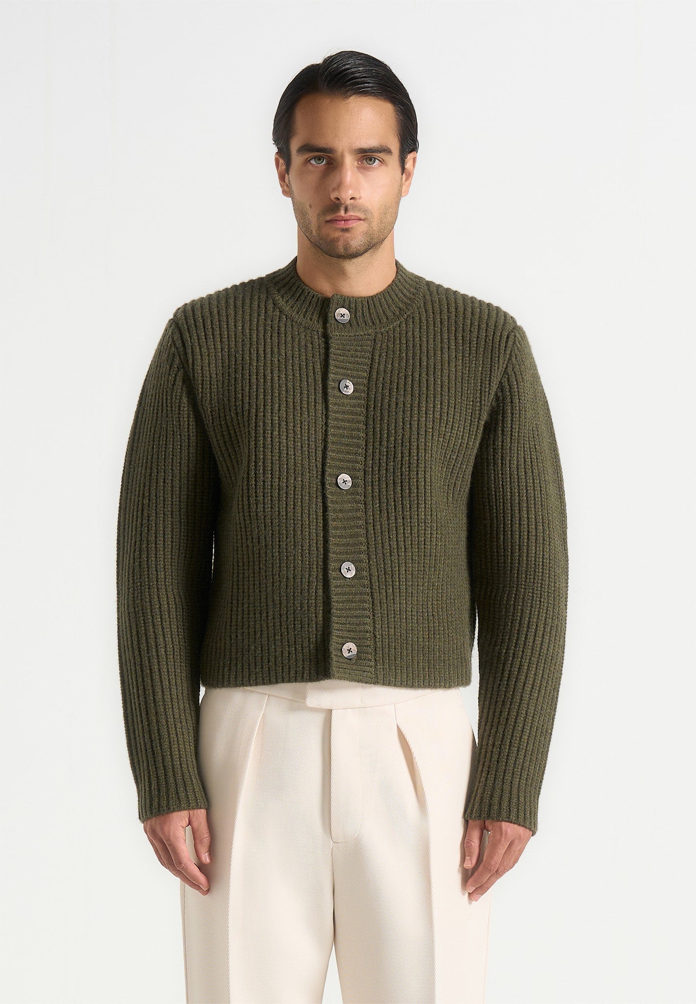 Alix - Unisex Crewneck Ribbed Knit Cardigan - Olive