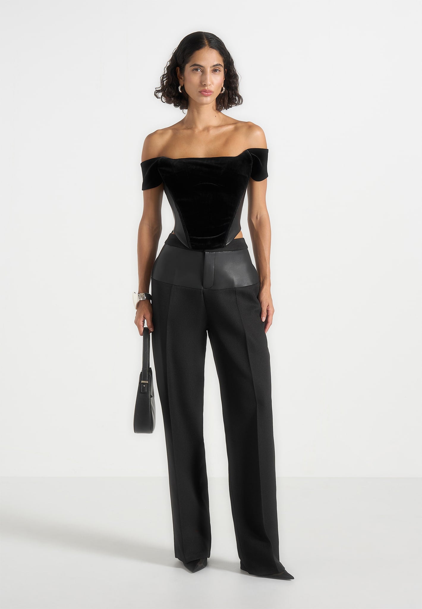 Fae - Velvet & Leather Bardot Corset Top - Black