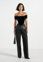 Fae - Velvet & Leather Bardot Corset Top - Black