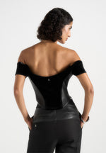 Fae - Velvet & Leather Bardot Corset Top - Black