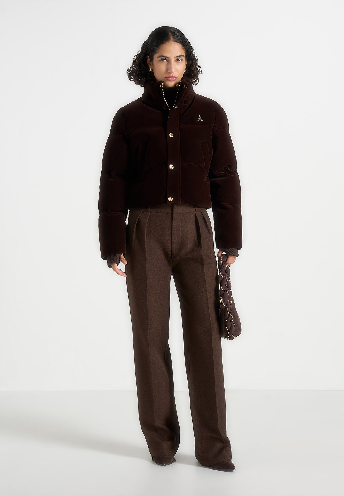 Maéva - Velvet Cropped Puffer Jacket - Brown