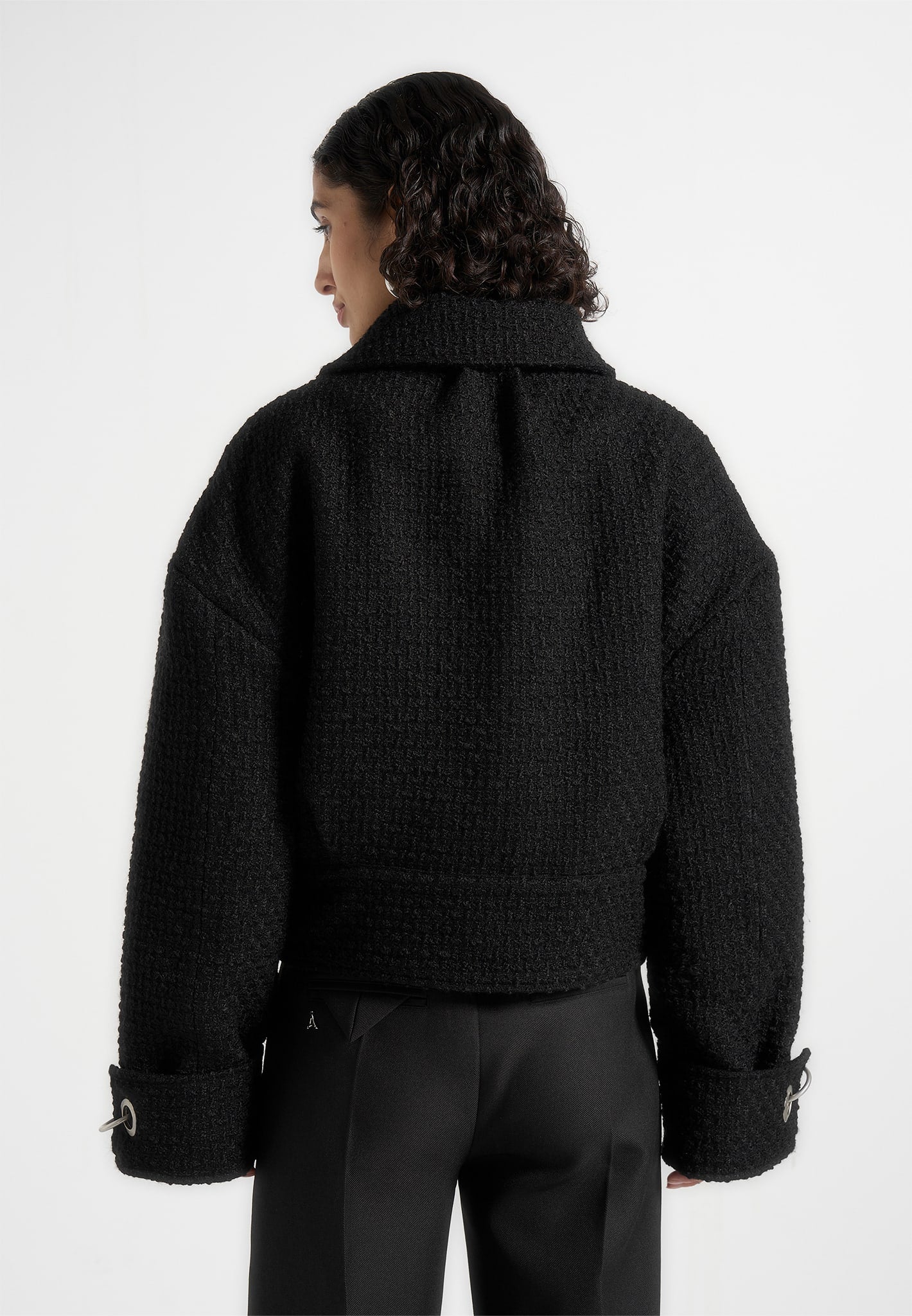 Naela - Boxy Tweed Jacket With Cuff Detail - Black