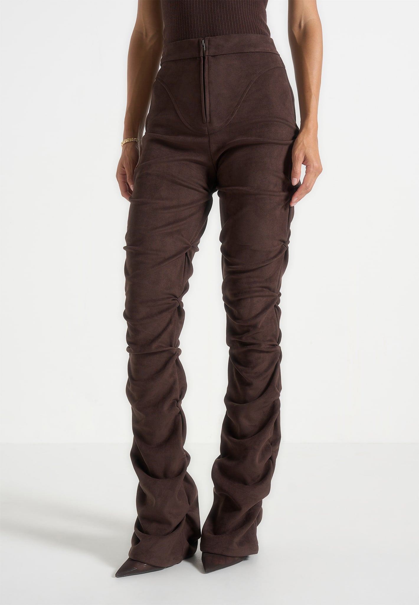 Caroline - Tacked Suede Flared Trousers - Brown