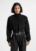 Monique - Suede Wide Shoulder Bomber Jacket - Black