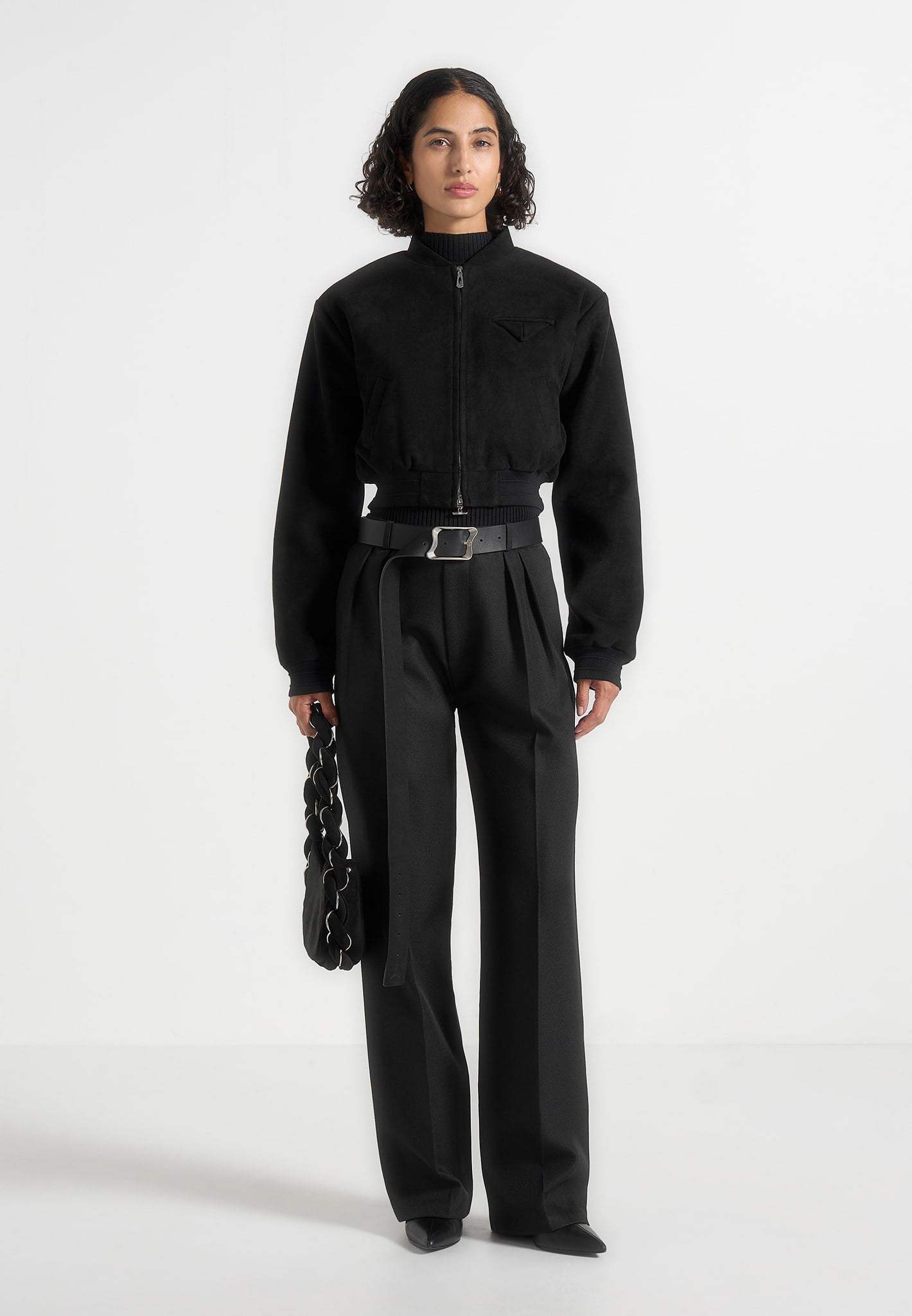 Monique - Suede Wide Shoulder Bomber Jacket - Black