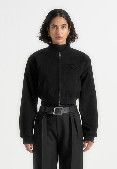 Monique - Suede Wide Shoulder Bomber Jacket - Black