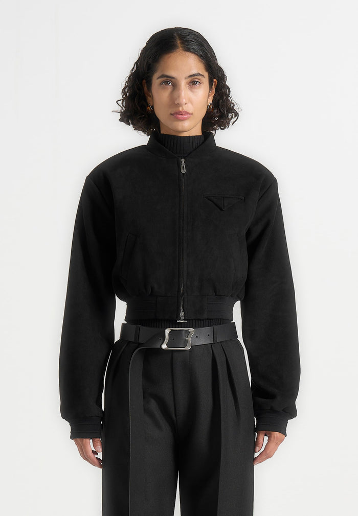 Monique - Suede Wide Shoulder Bomber Jacket - Black