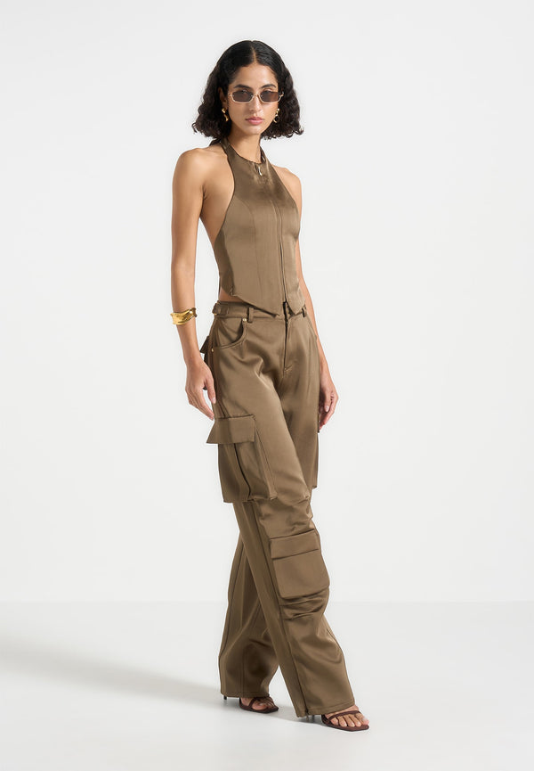 Emilie - Satin High Waisted Cargo Pants - Dark Olive