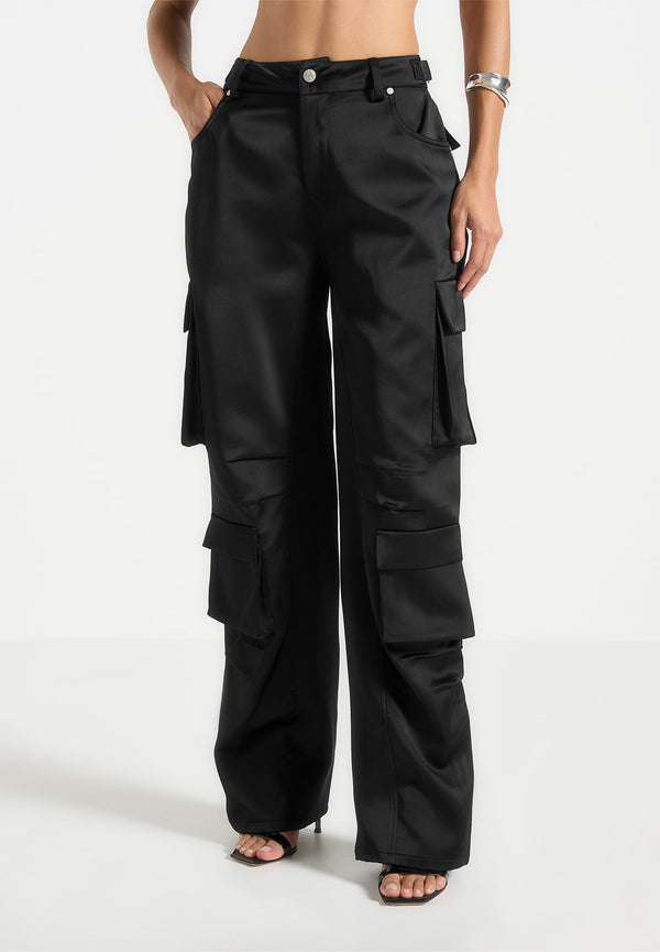 Emilie - Satin High Waisted Cargo Pants - Black
