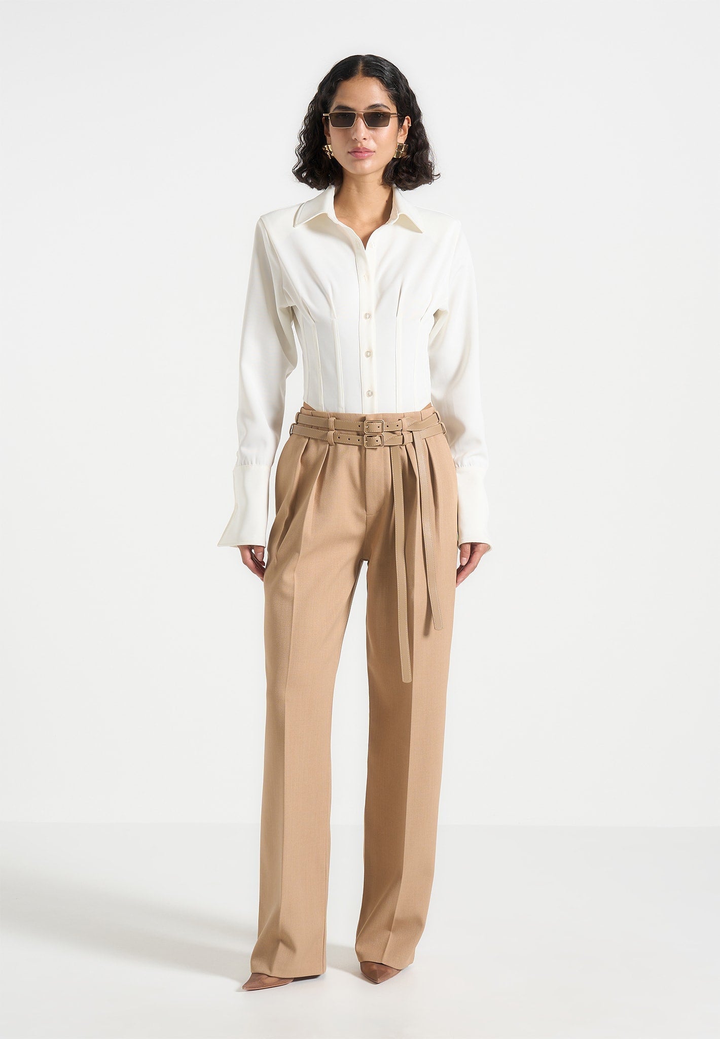 Pascale Tailored Twin Belt Trousers Dark Beige Manière De Voir