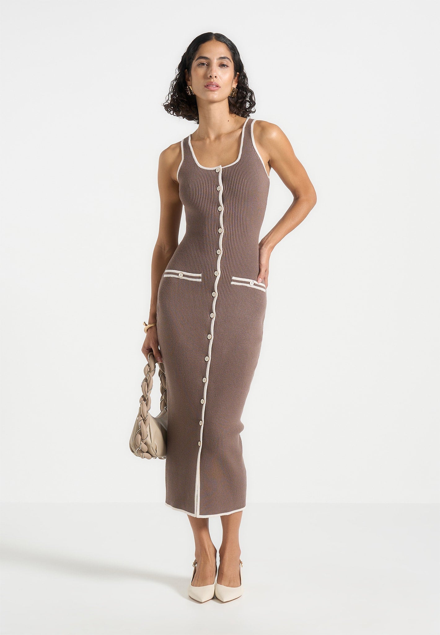 Daphne - Rib Knit Contrast Midi Dress - Brown/Cream | Manire De Voir Daphne - Rib Knit Contrast Midi Dress - Brown/Cream | Manire De Voir