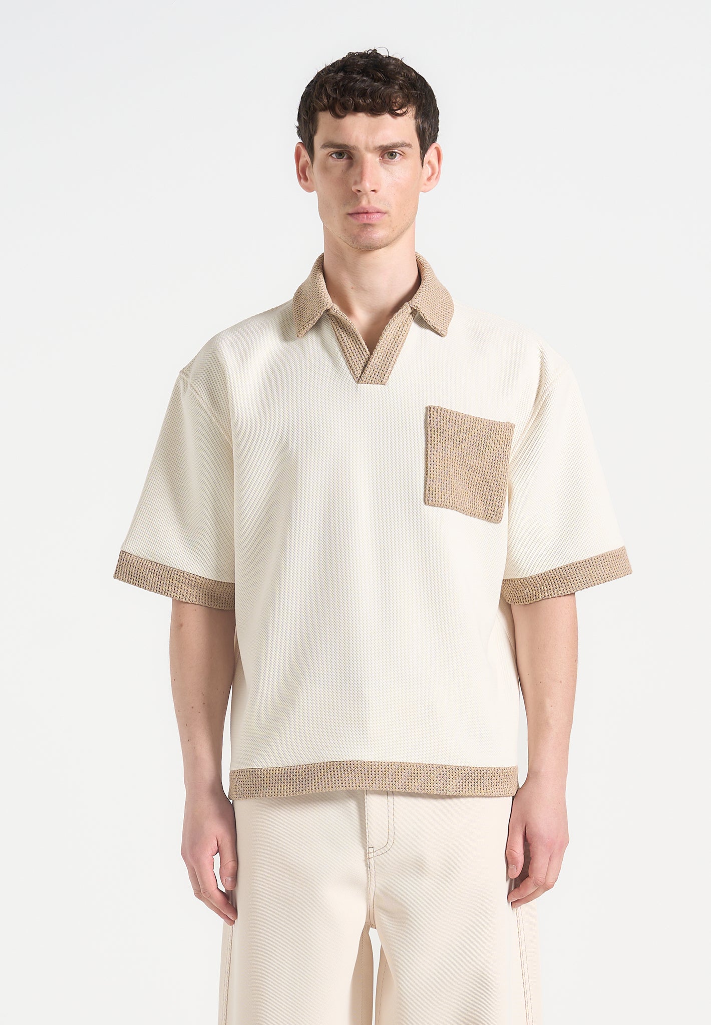 boxy-polo-shirt-with-crochet-detail-cream