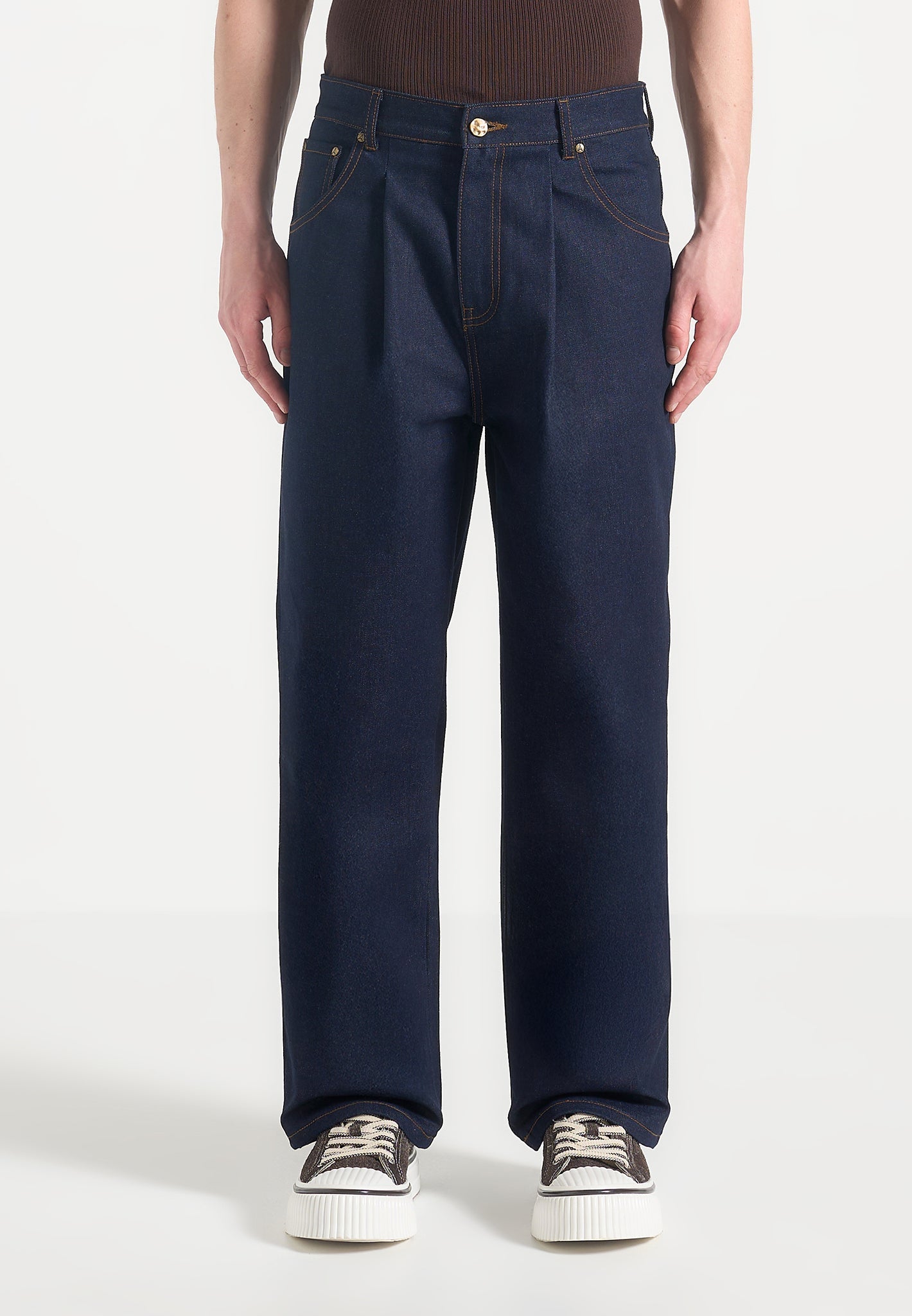 mens pleated dress jeans Arnault - Pleated Denim Jeans - Indigo