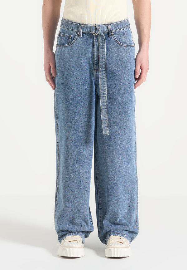 Adam - Wide Leg Belted Jeans - Blue Wash