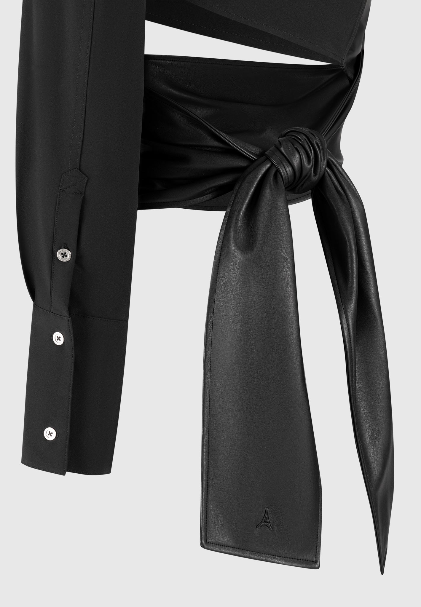 one-sleeve-vegan-leather-wrap-top-black-1