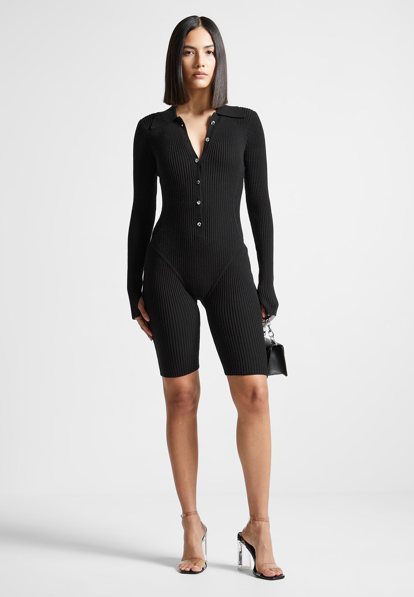 Ribbed Knit Long Sleeve Playsuit - Black