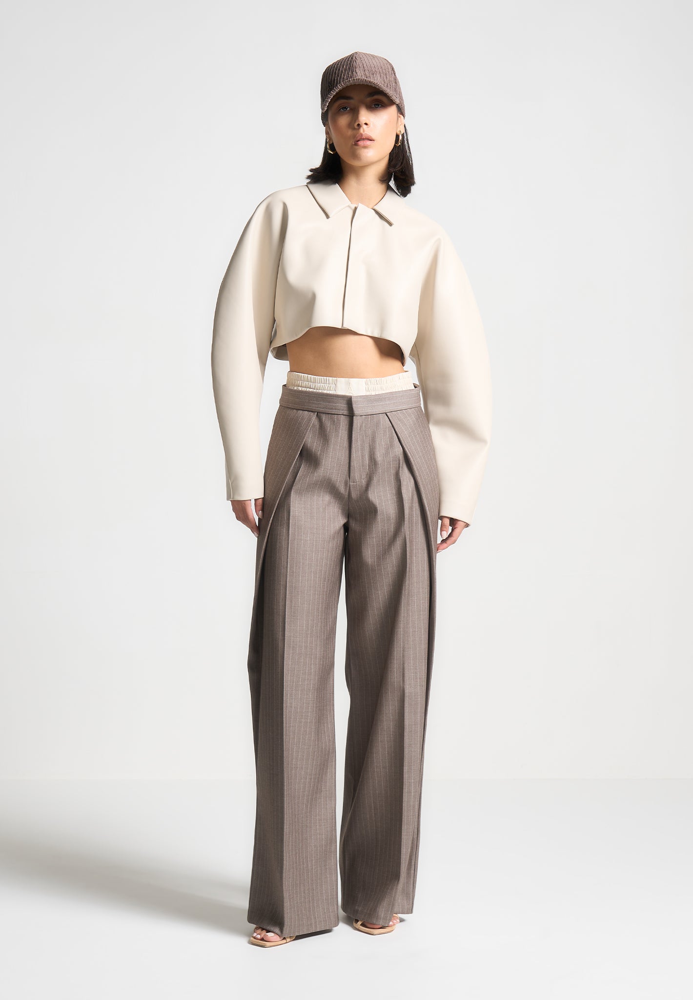 Satin Waistband Pinstripe Trousers Taupe Maniere De Voir