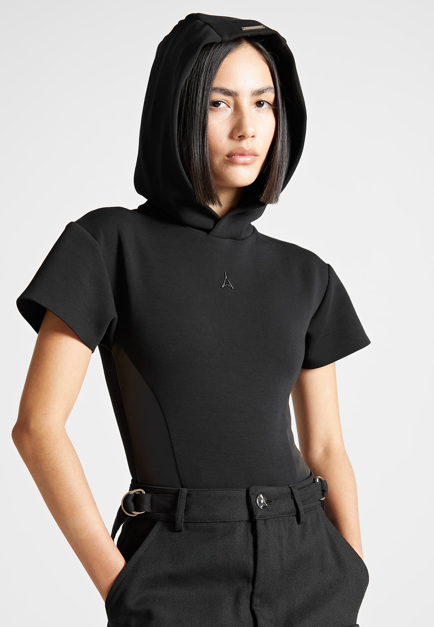 Short Sleeve Bodysuit with Hood - Black