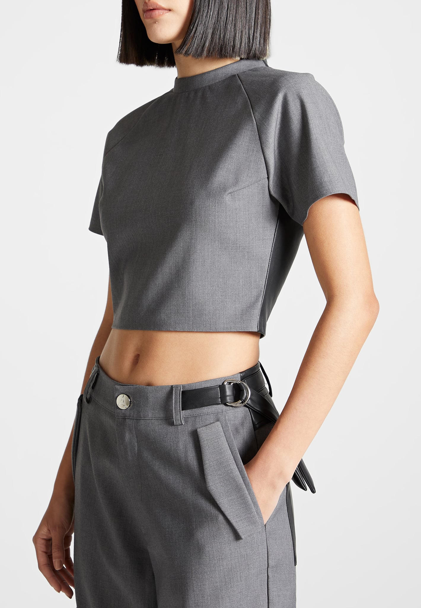 Tailored Mock Neck Top Grey Black Maniere De Voir