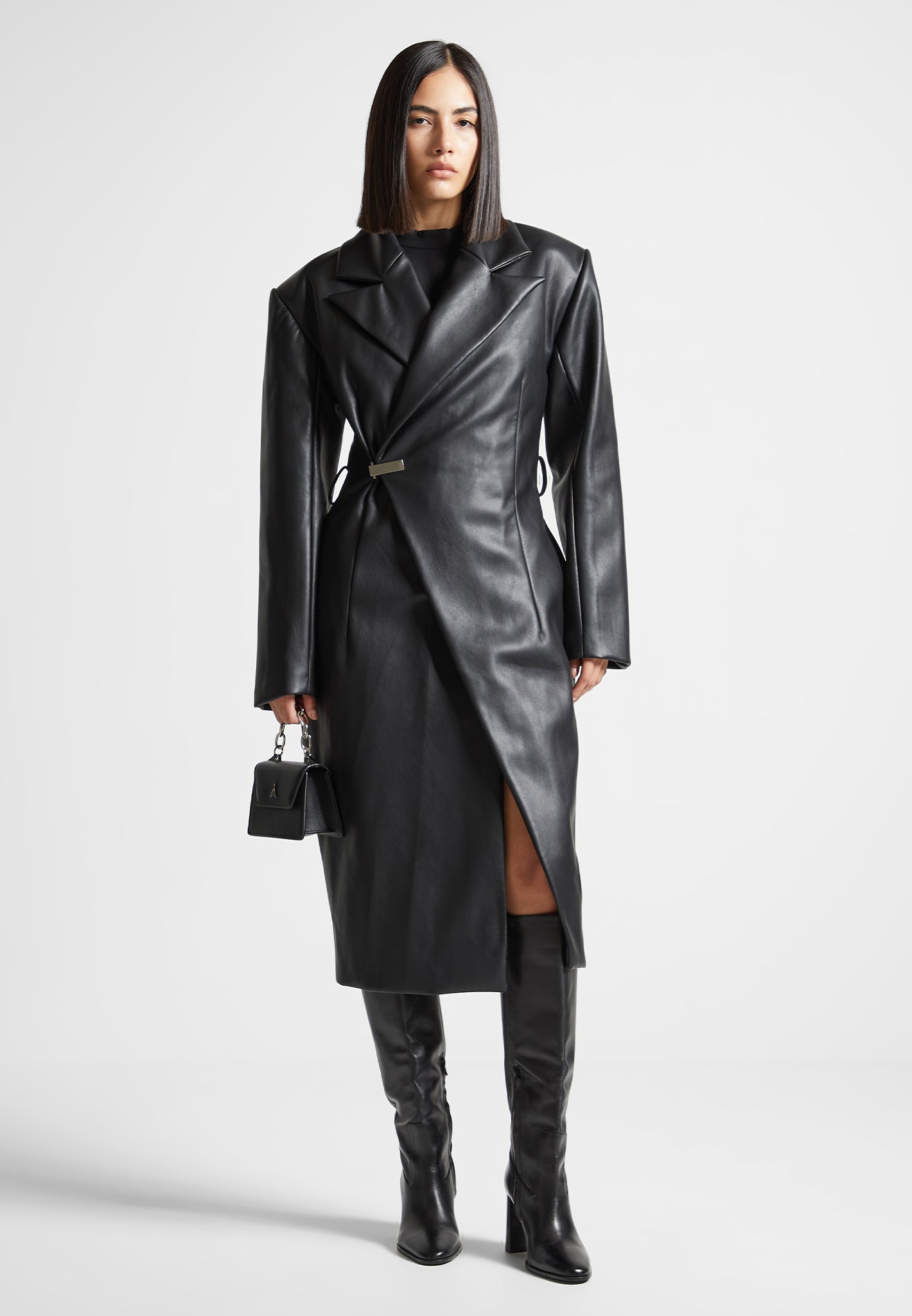 Vegan Leather Asymmetric Tailored Longline Coat - Black