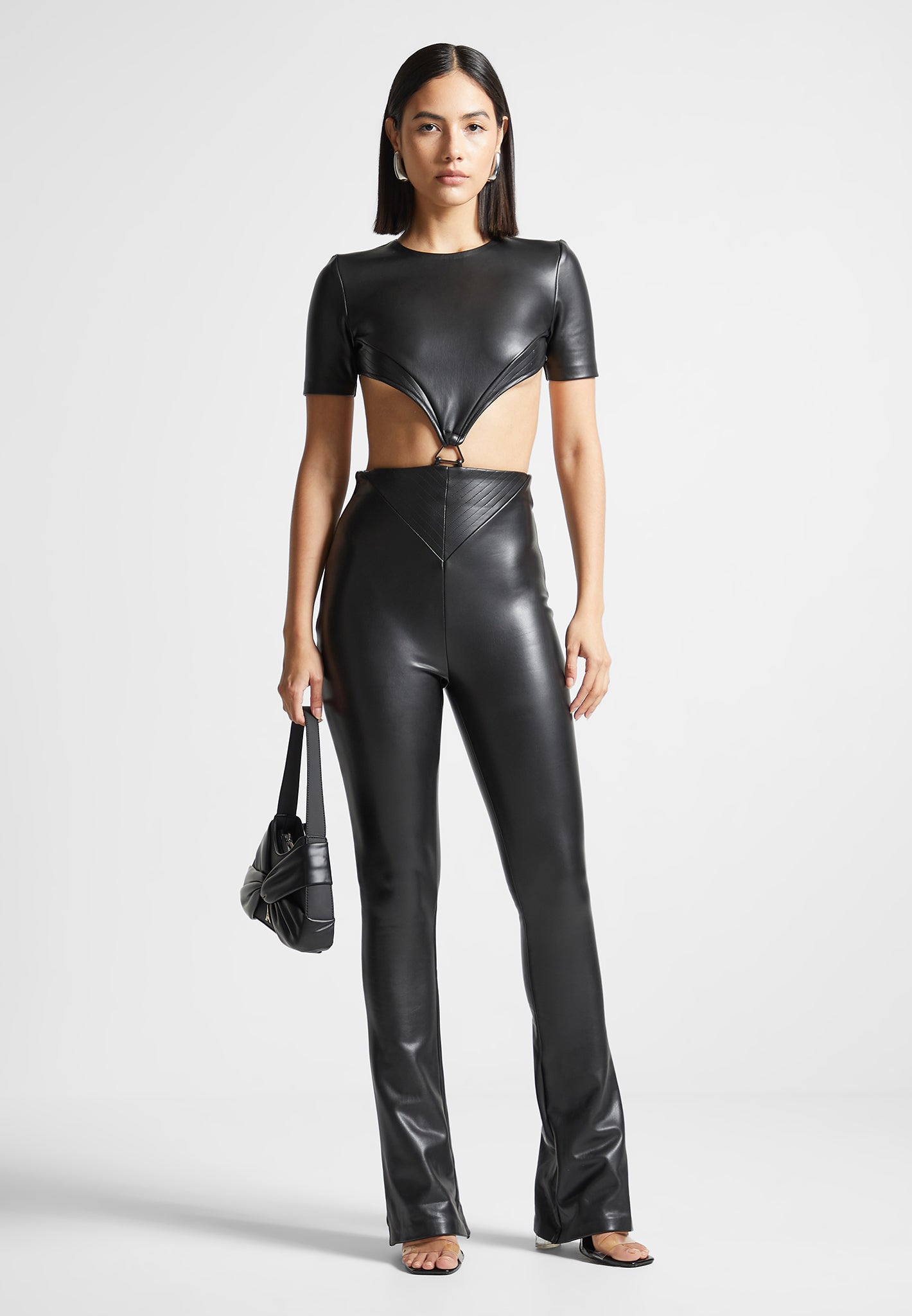 Vegan Leather Backless Jumpsuit - Black