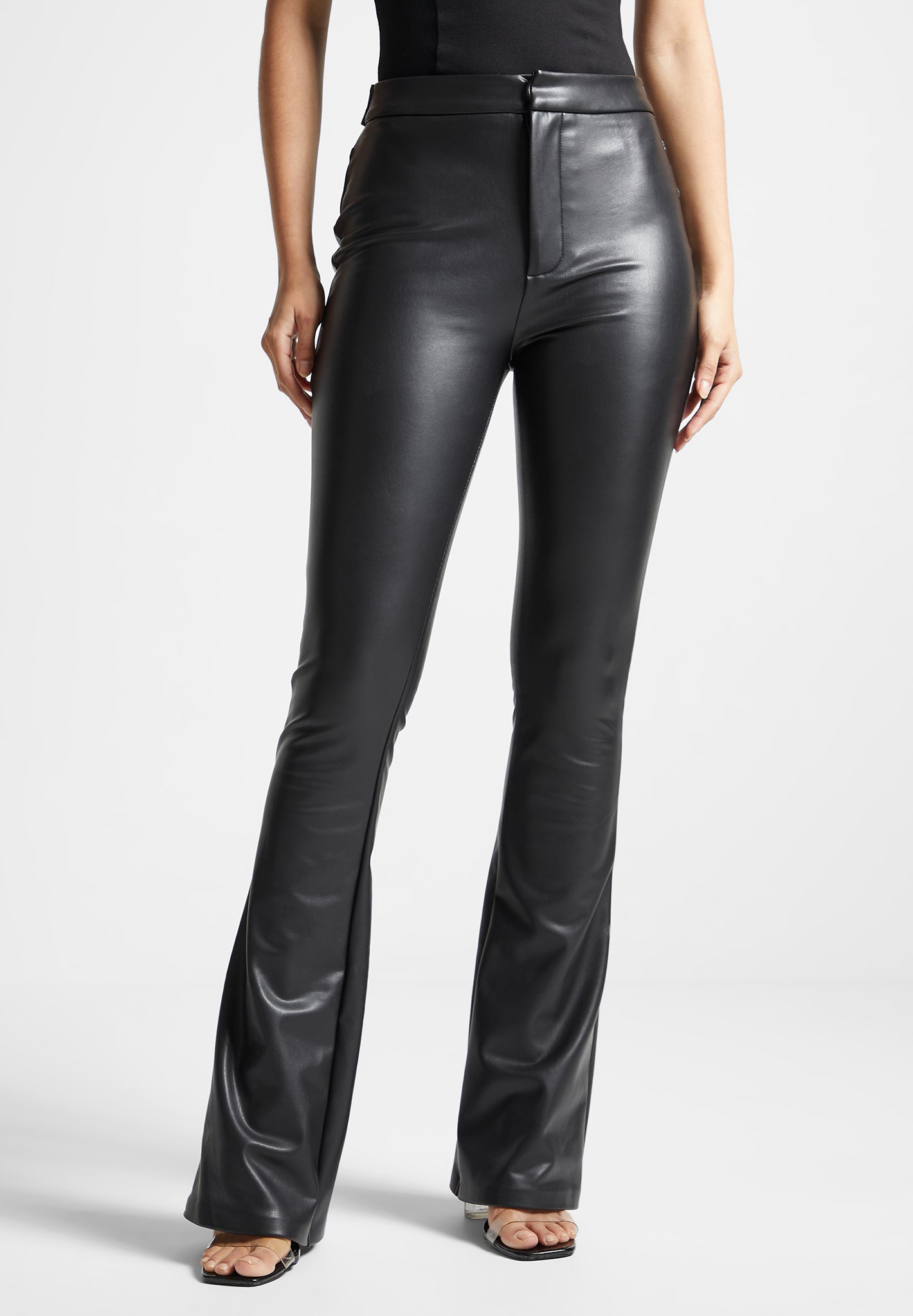 Tacked Vegan Leather Flared Trousers - Black