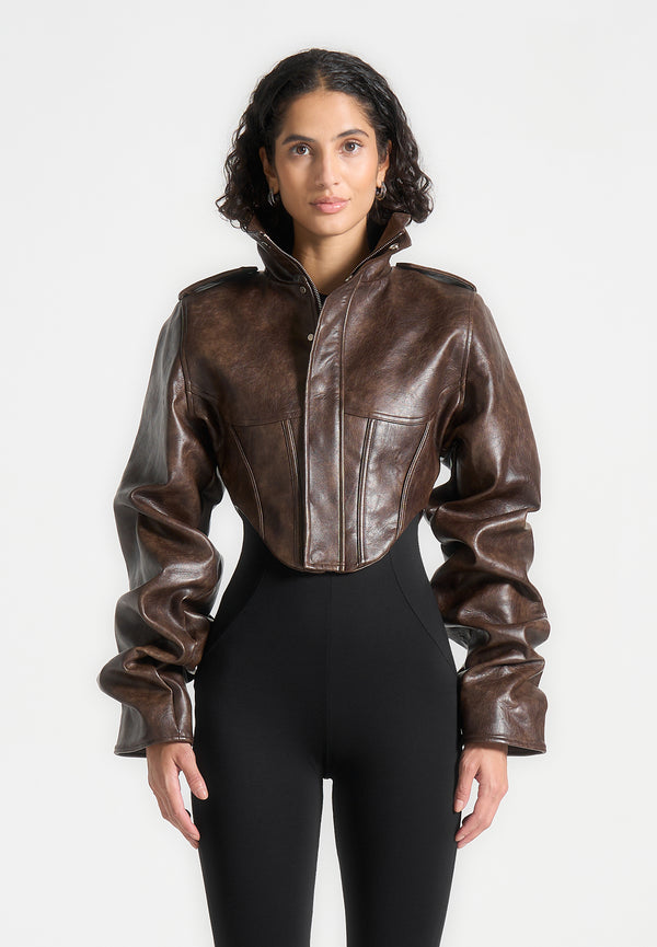 Solange - Vintage Leather Tacked Sleeve Corset Jacket - Brown