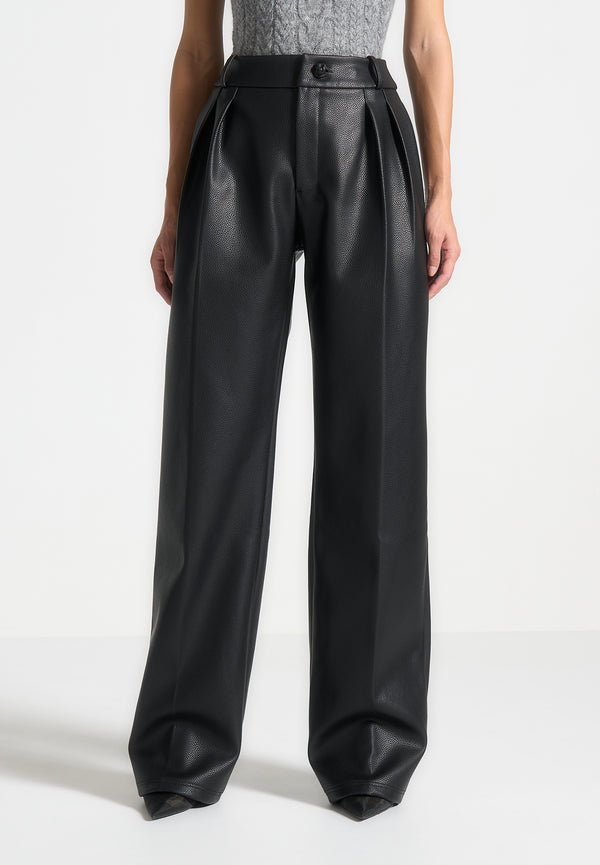 Olivia - Pebbled Leather Pleated Stacked Trousers - Black
