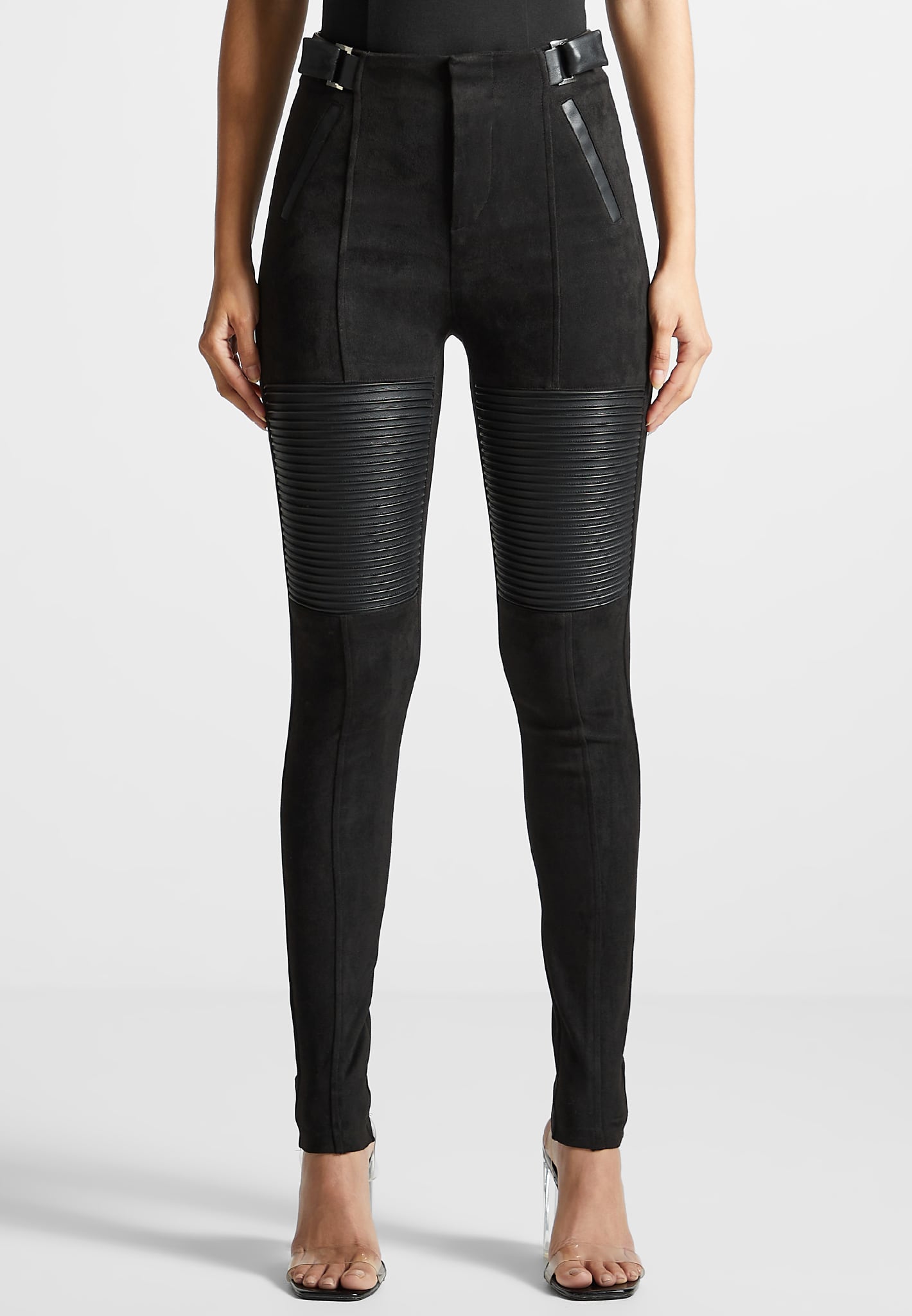 Vegan Leather and Suede Ribbed Leggings - Black