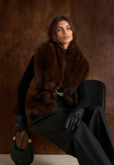 Lira - Fur Gilet With Belt - Dark Brown