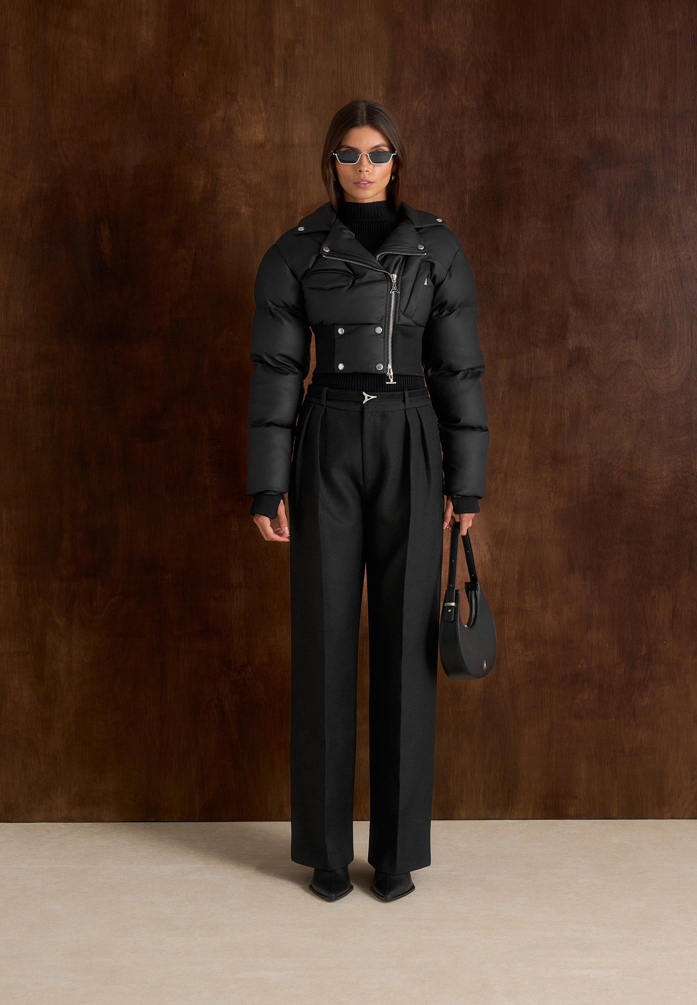 Dalya - Matte Cropped Biker Puffer Jacket - Black