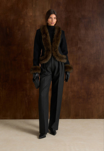 Lina - Sculpted Wool & Fur Trim Jacket - Black