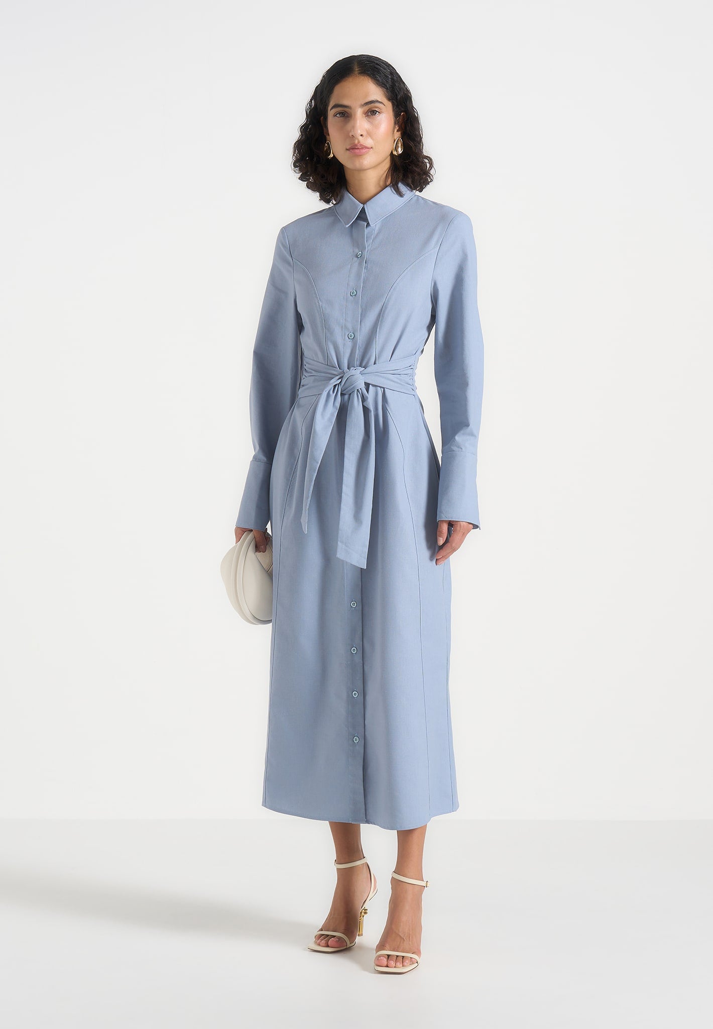 Fern - Linen Midi Shirt Dress With Tie Waist - Blue | Manire De Voir Fern - Linen Midi Shirt Dress With Tie Waist - Blue | Manire De Voir