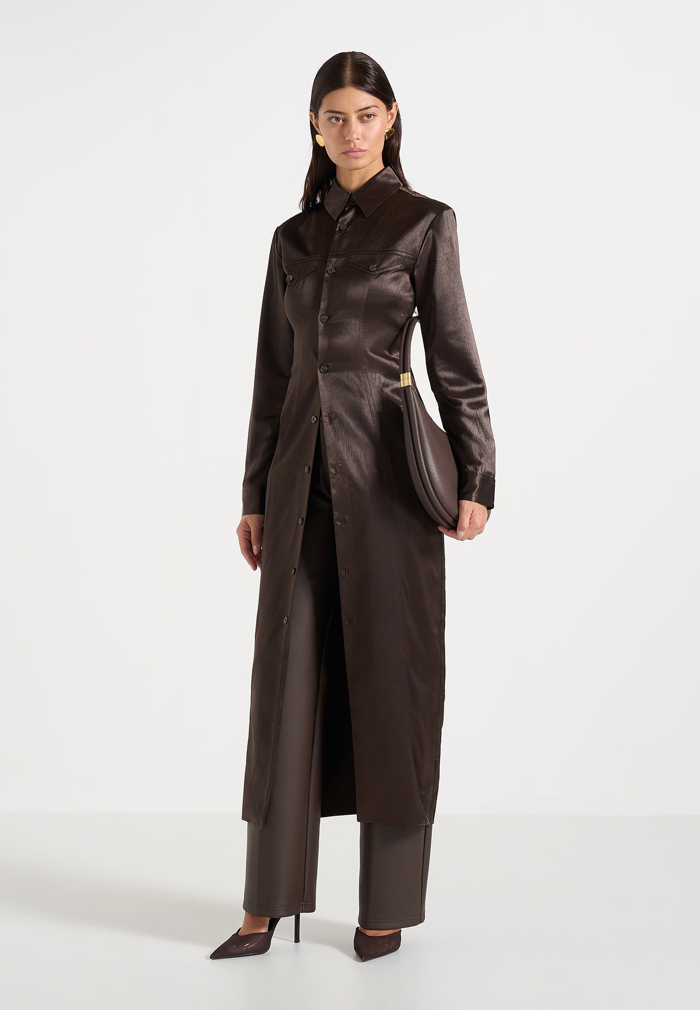 Etta - Crinkled Satin Midi Shirt Dress - Brown | Manire De Voir Etta - Crinkled Satin Midi Shirt Dress - Brown | Manire De Voir