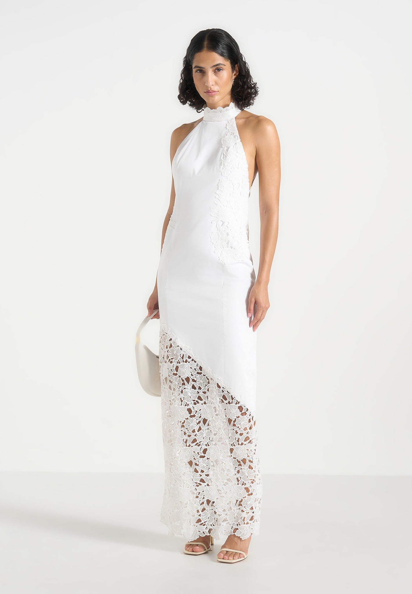 Macy - Halter Neck Open Back Cotton Crochet Maxi Dress - White