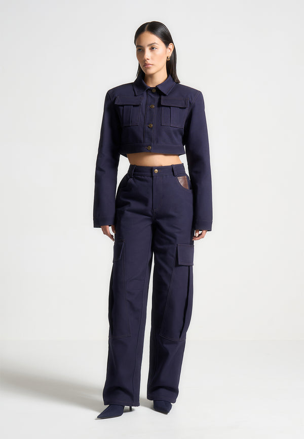 High Rise Drill Cargo Pants - Indigo
