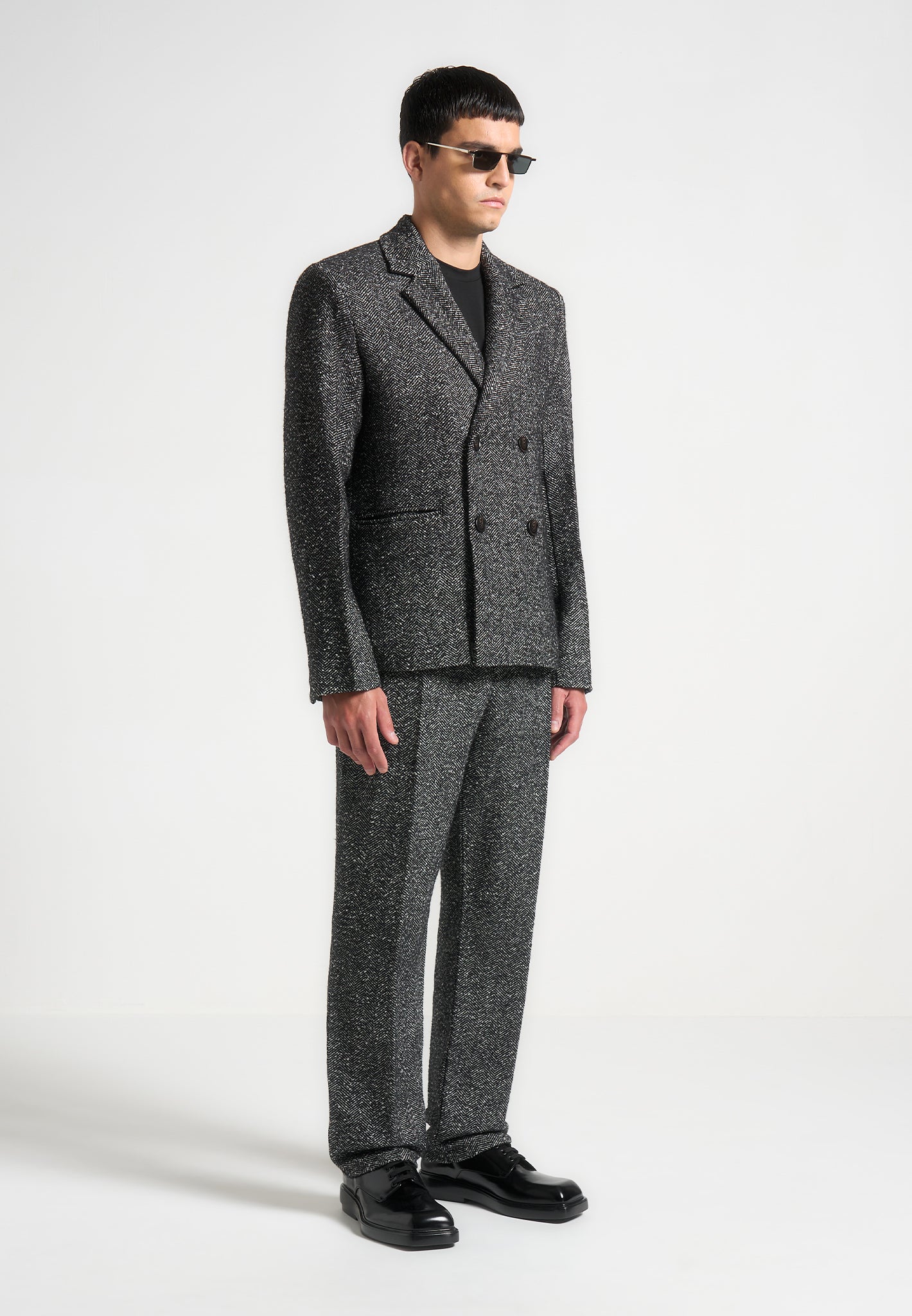 Didier Double Breasted Herringbone Wool Blend Suit Jacket