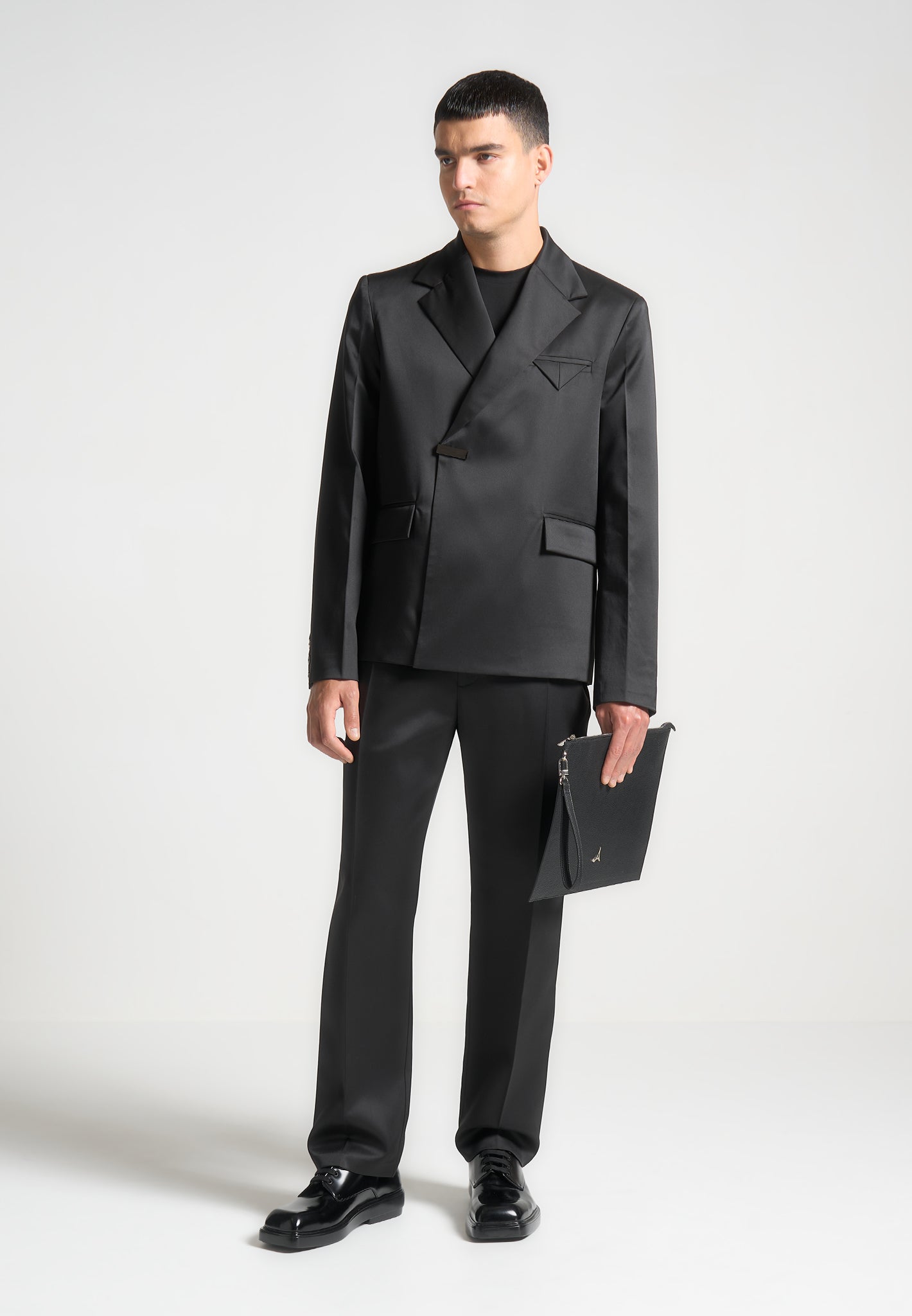 Gaston Double Breasted Satin Suit Jacket Black