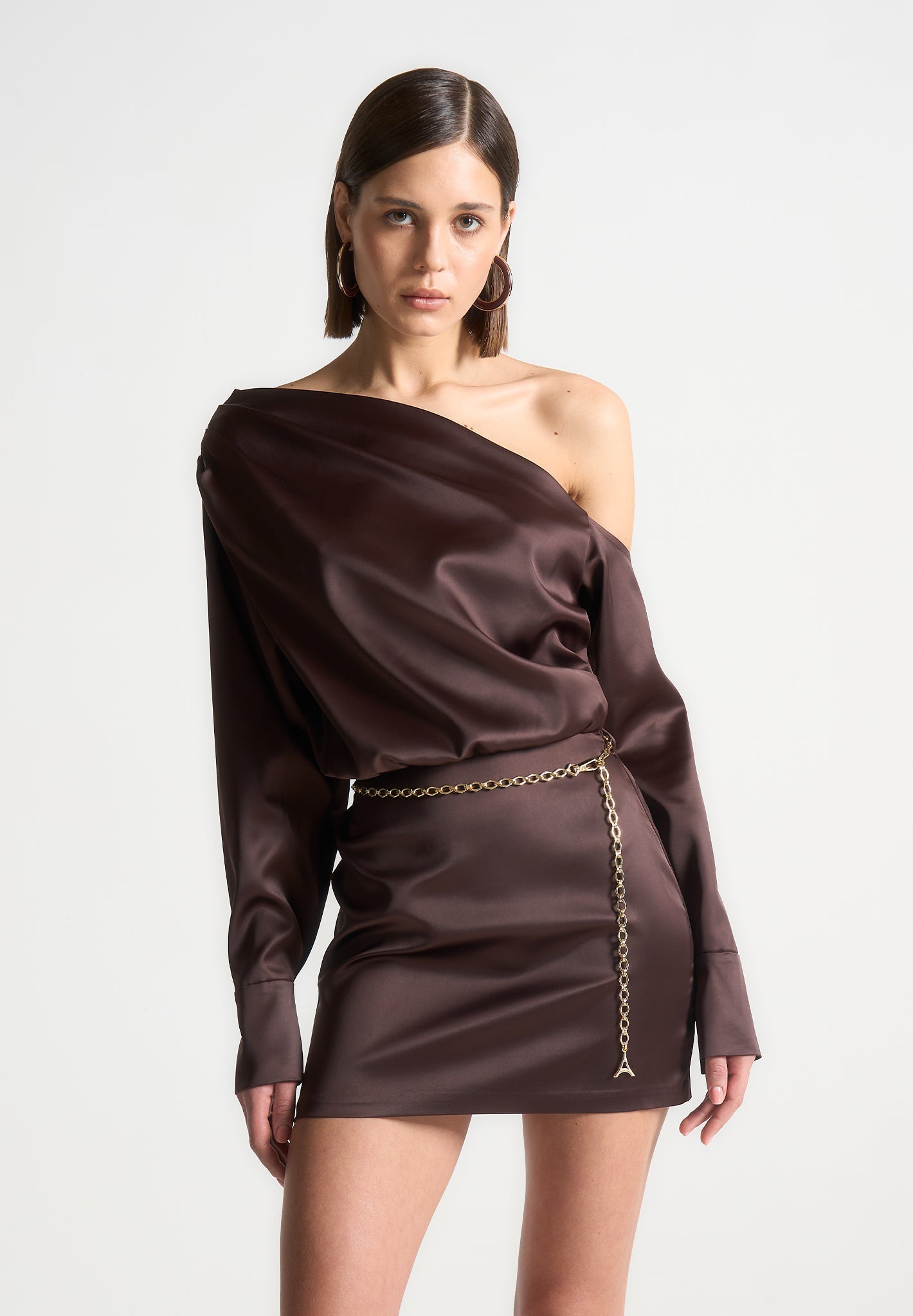 Off Shoulder Draped Satin Mini Dress with Belt - Brown | Manire De Voir Off Shoulder Draped Satin Mini Dress with Belt - Brown | Manire De Voir