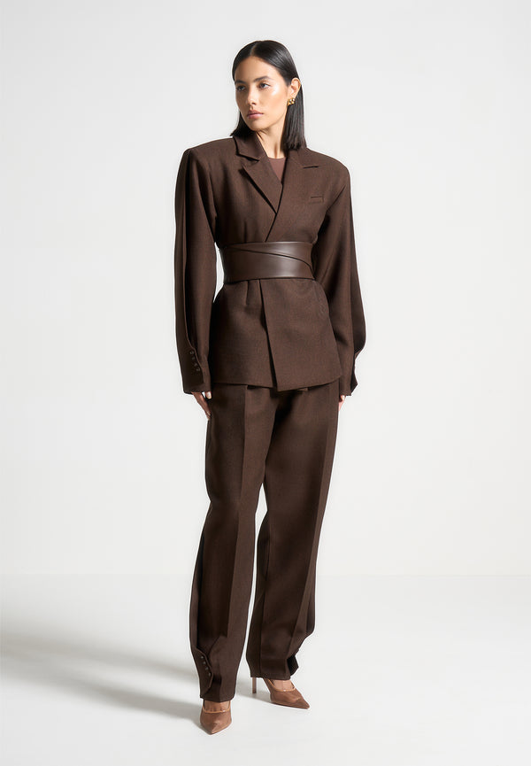 Marie - Twist Sleeve Tailored Blazer with Belt - Brown